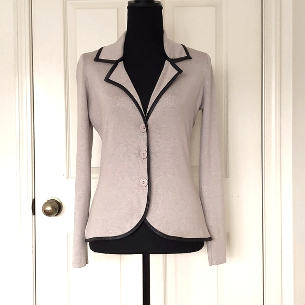 NWOT. Cathy Hardwick Viscose Nylon Knit Jacket with faux leather trim.
